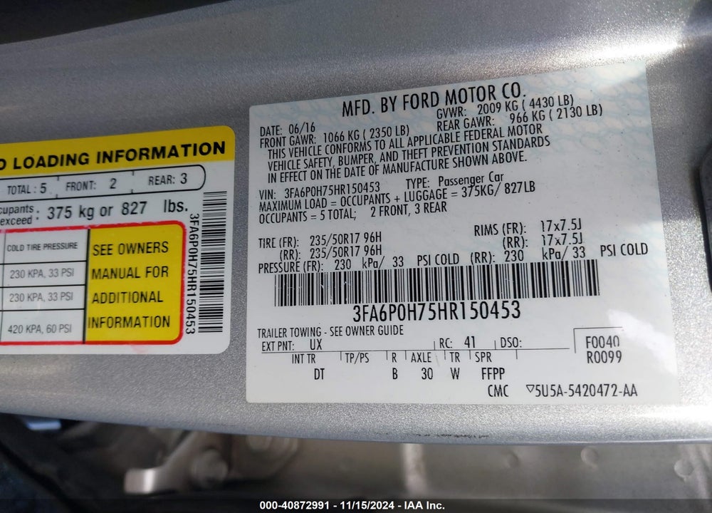 2017 FORD FUSION SE VIN: 3FA6P0H75HR150453