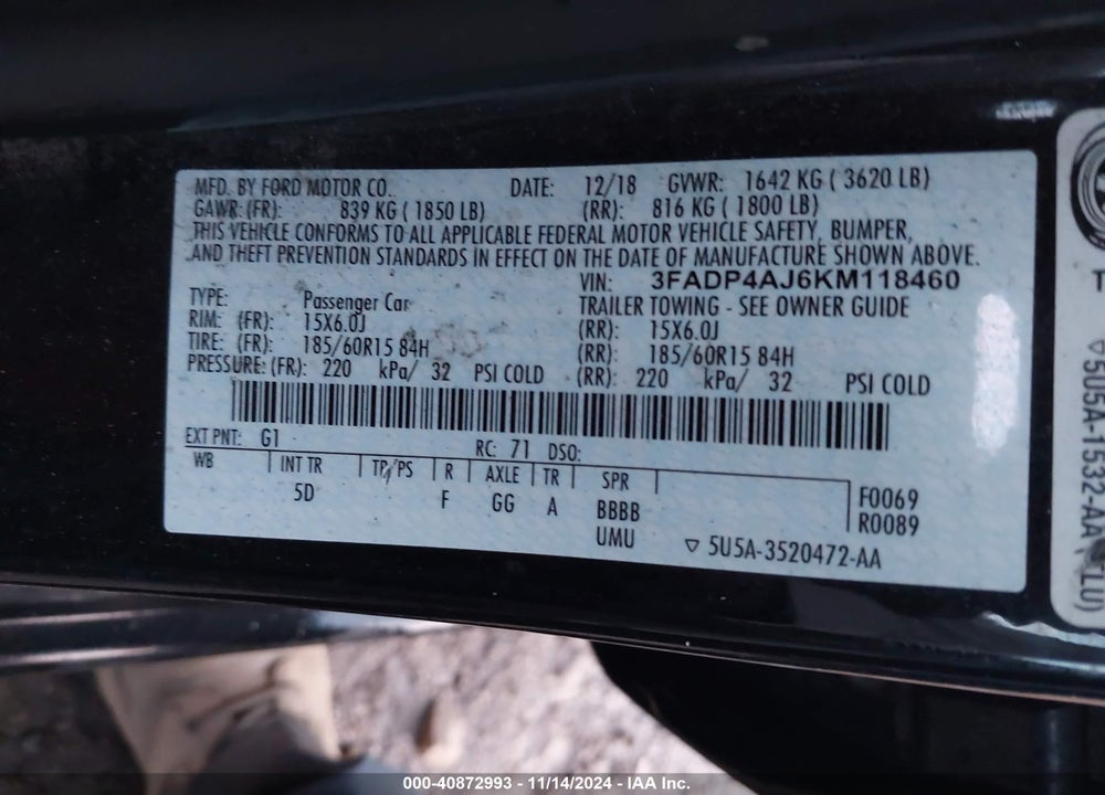 2019 FORD FIESTA S VIN: 3FADP4AJ6KM118460