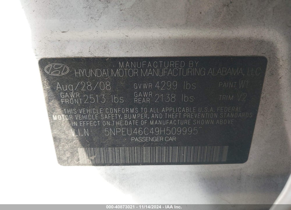 2009 HYUNDAI SONATA LIMITED VIN: 5NPEU46C49H509995