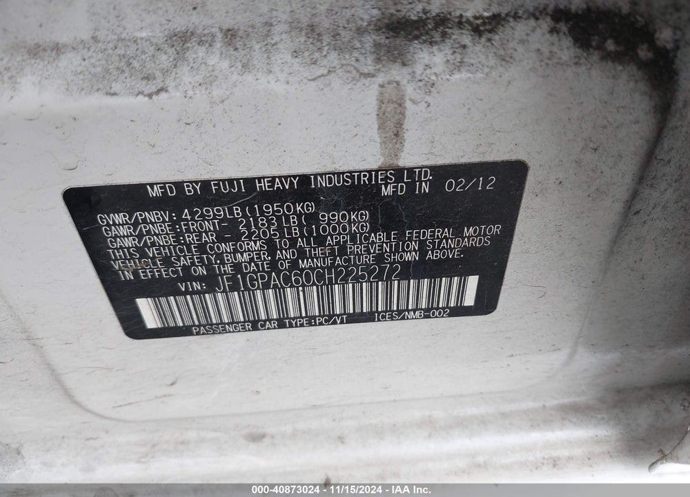 2012 SUBARU IMPREZA 2.0I PREMIUM VIN: JF1GPAC60CH225272