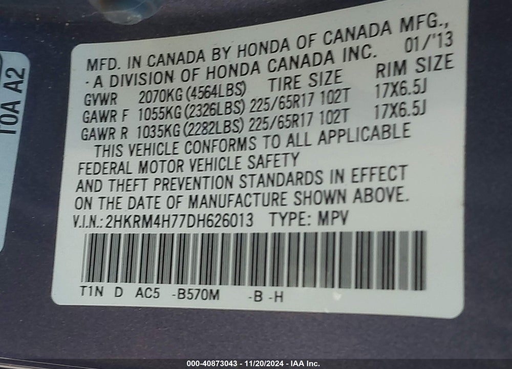 2013 HONDA CR-V EX-L VIN: 2HKRM4H77DH626013