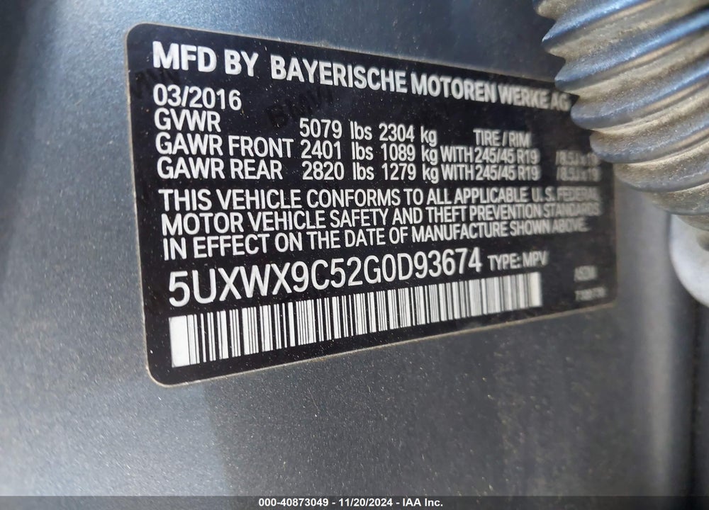 2016 BMW X3 XDRIVE28I VIN: 5UXWX9C52G0D93674