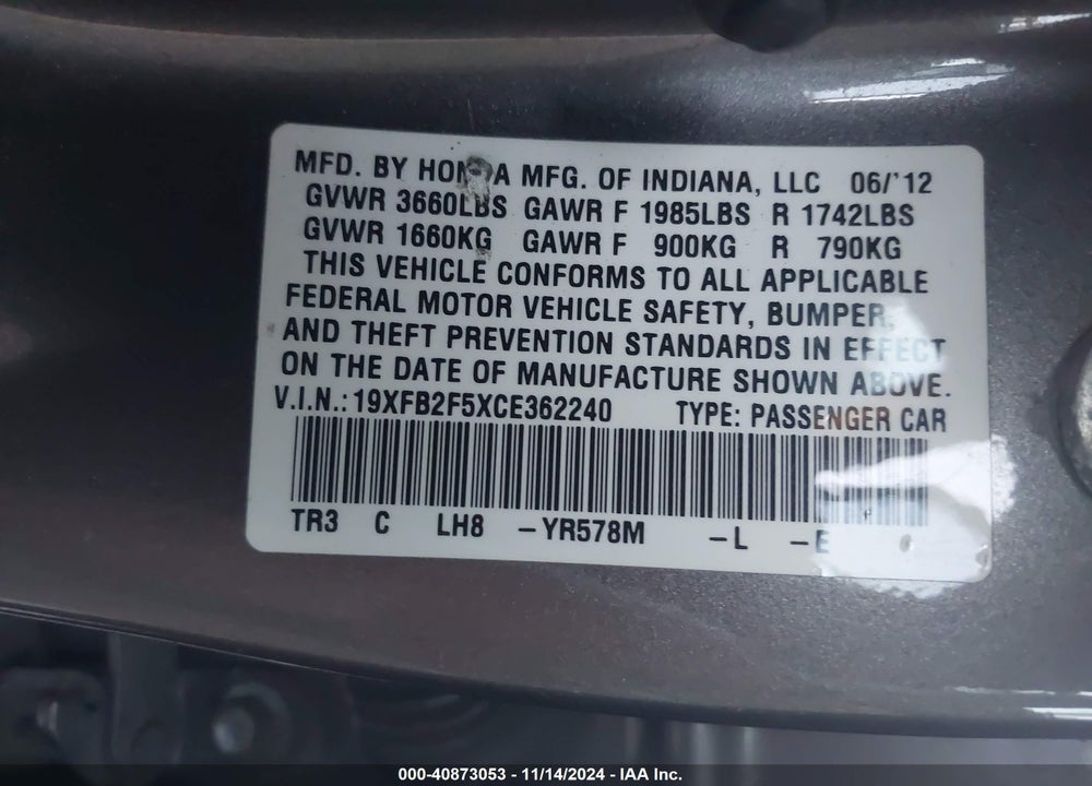 2012 HONDA CIVIC LX VIN: 19XFB2F5XCE362240