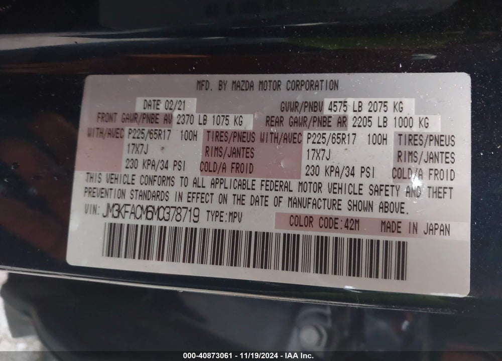 2021 MAZDA CX-5 TOURING VIN: JM3KFACM6M0378719