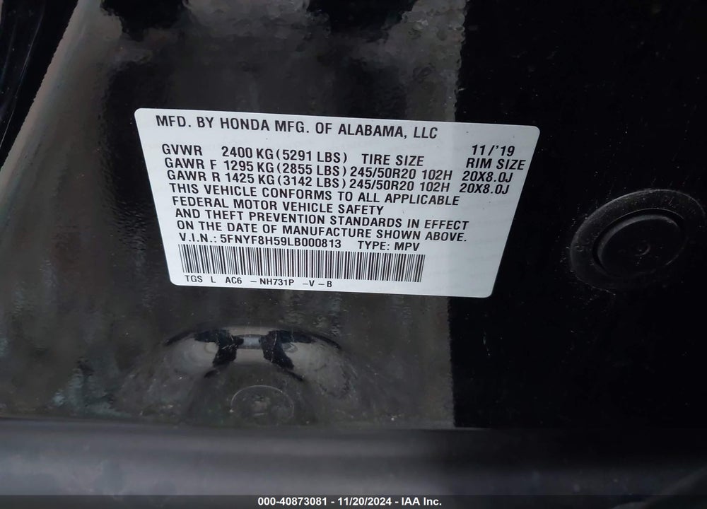 2020 HONDA PASSPORT AWD EX-L VIN: 5FNYF8H59LB000813