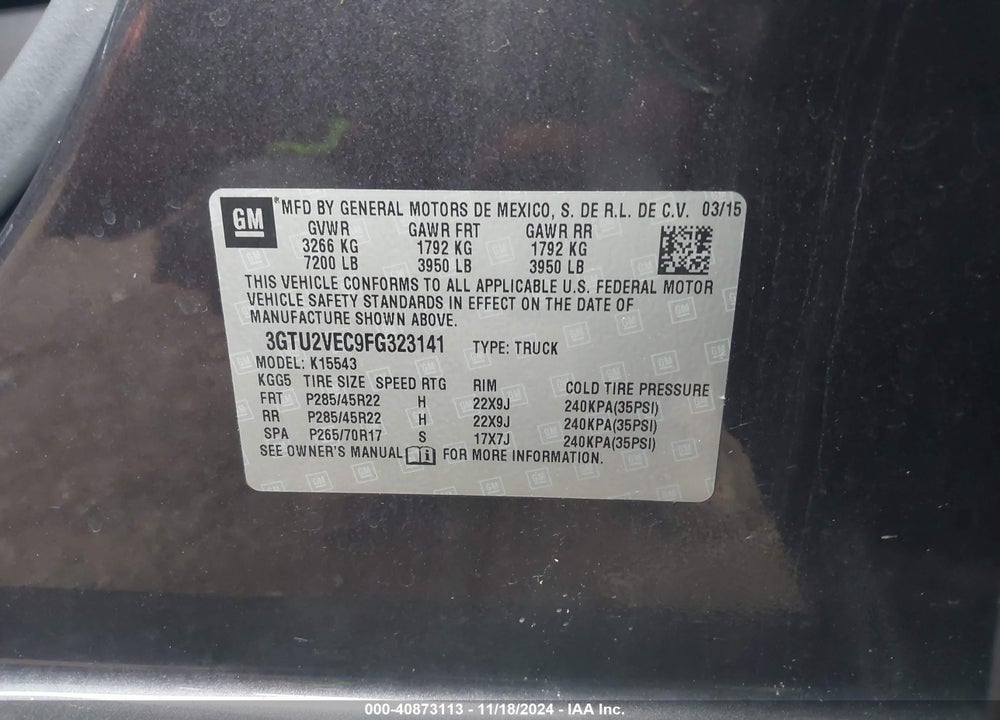 2015 GMC SIERRA 1500 SLT VIN: 3GTU2VEC9FG323141