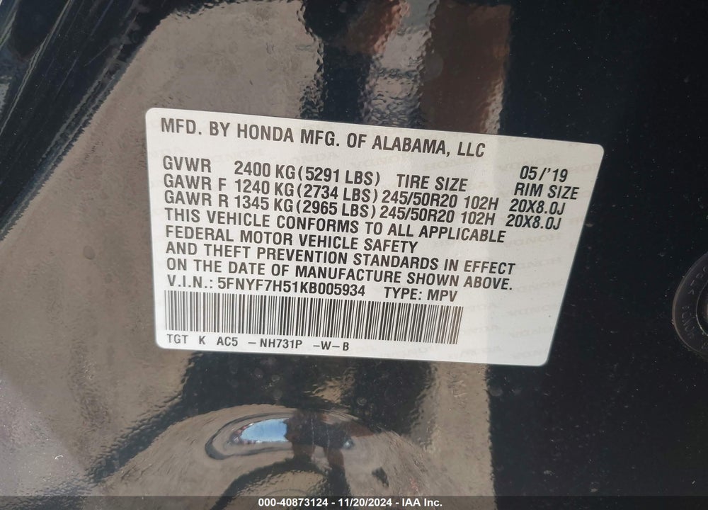2019 HONDA PASSPORT EX-L VIN: 5FNYF7H51KB005934