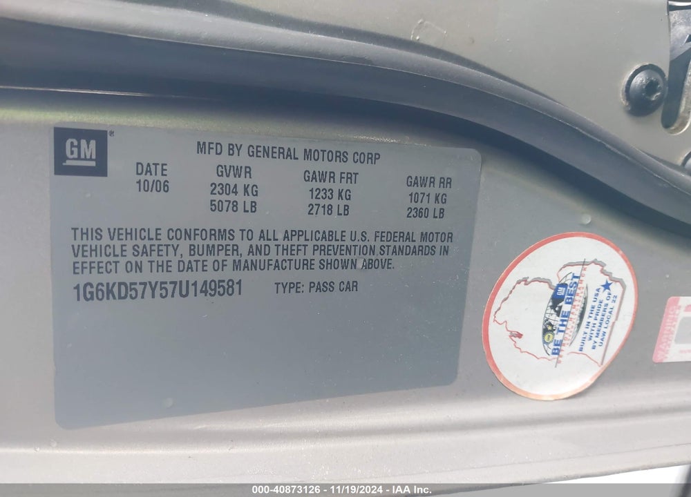 2007 CADILLAC DTS LUXURY II VIN: 1G6KD57Y57U149581