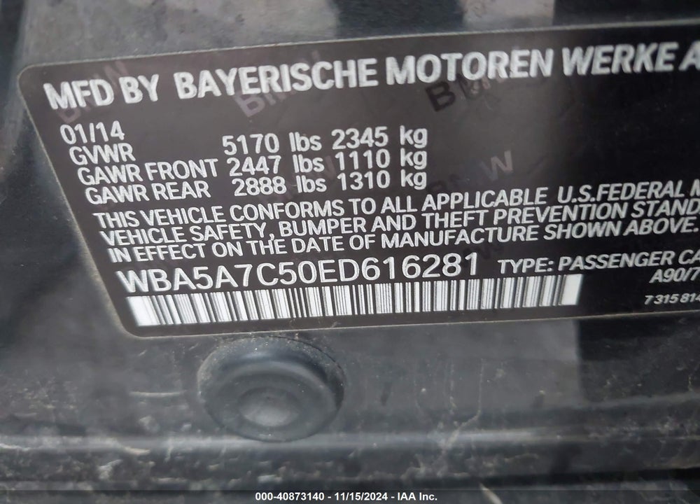 2014 BMW 528I XDRIVE VIN: WBA5A7C50ED616281