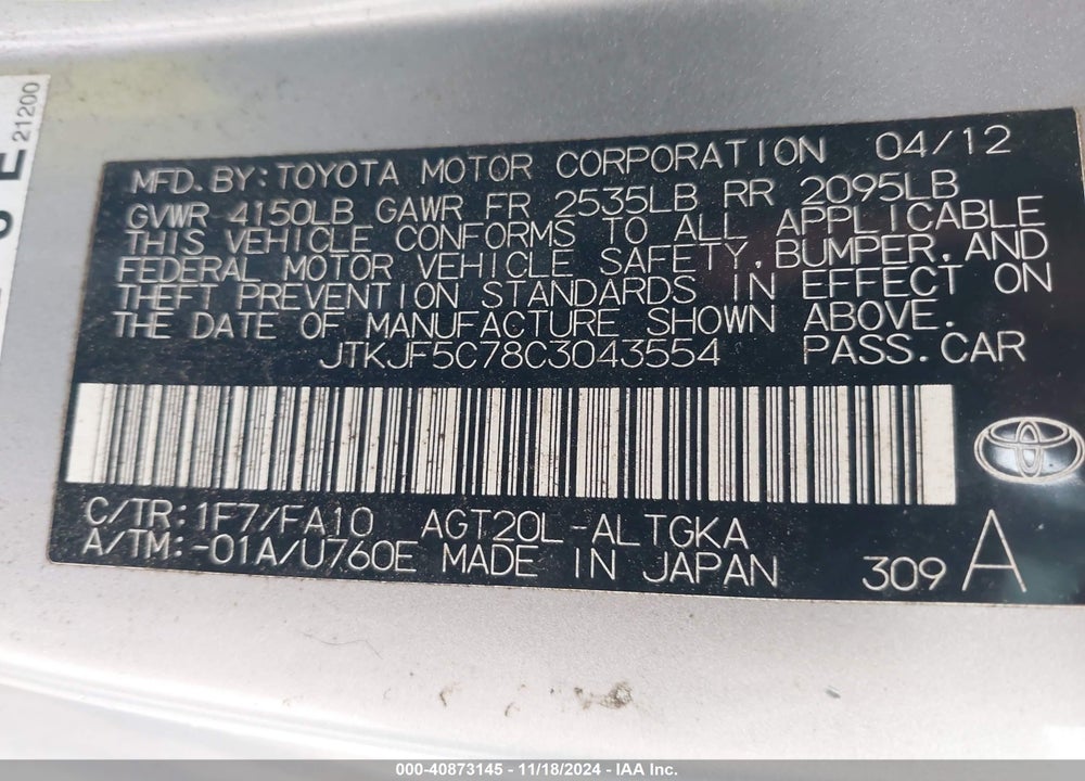 2012 SCION TC VIN: JTKJF5C78C3043554