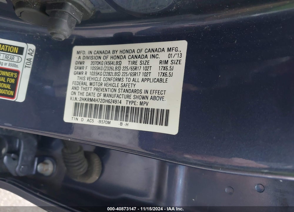 2013 HONDA CR-V EX-L VIN: 2HKRM4H72DH624914