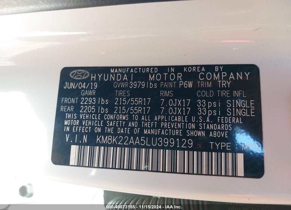 2020 HYUNDAI KONA VIN: KM8K22AA5LU399129