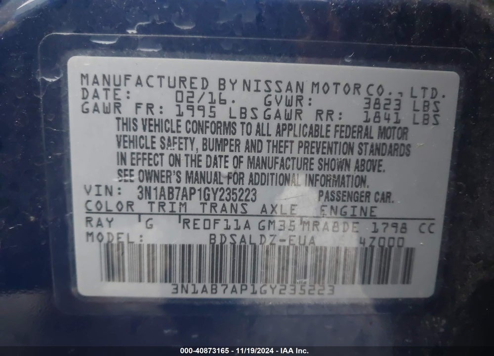 2016 NISSAN SENTRA SV VIN: 3N1AB7AP1GY235223