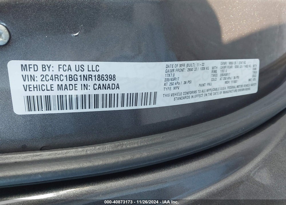 2022 CHRYSLER PACIFICA TOURING L VIN: 2C4RC1BG1NR186398