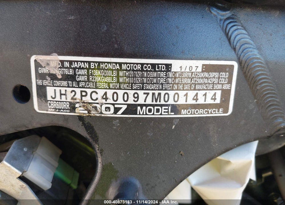 2007 HONDA CBR600 RR VIN: JH2PC40097M001414