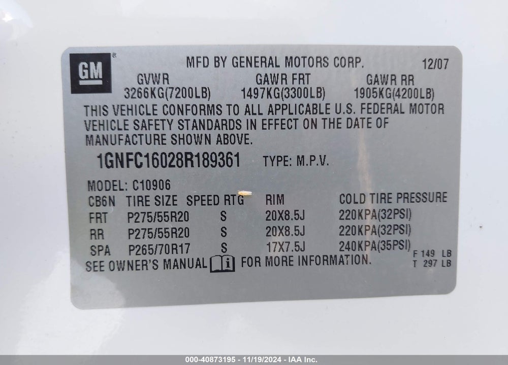 2008 CHEVROLET SUBURBAN 1500 LTZ VIN: 1GNFC16028R189361