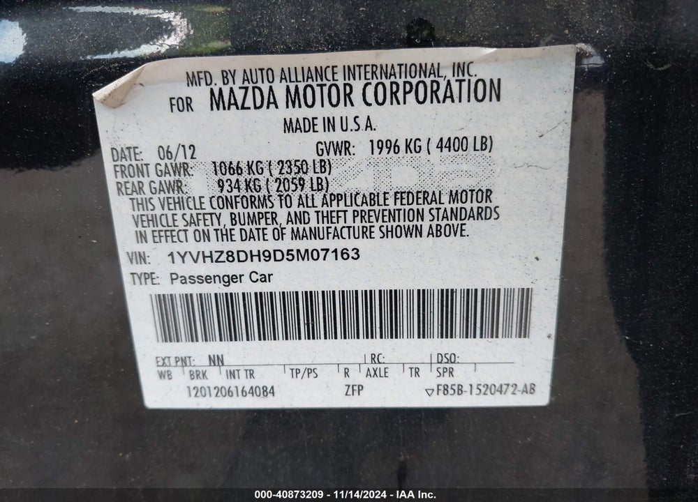 2013 MAZDA 6 I TOURING VIN: 1YVHZ8DH9D5M07163