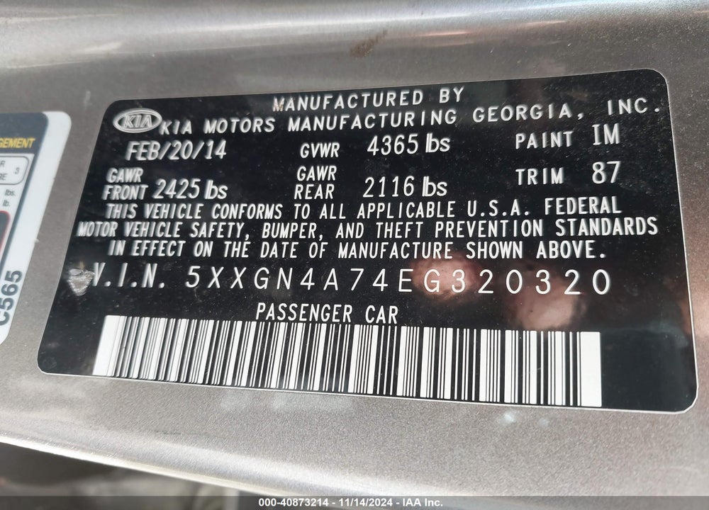 2014 KIA OPTIMA EX VIN: 5XXGN4A74EG320320