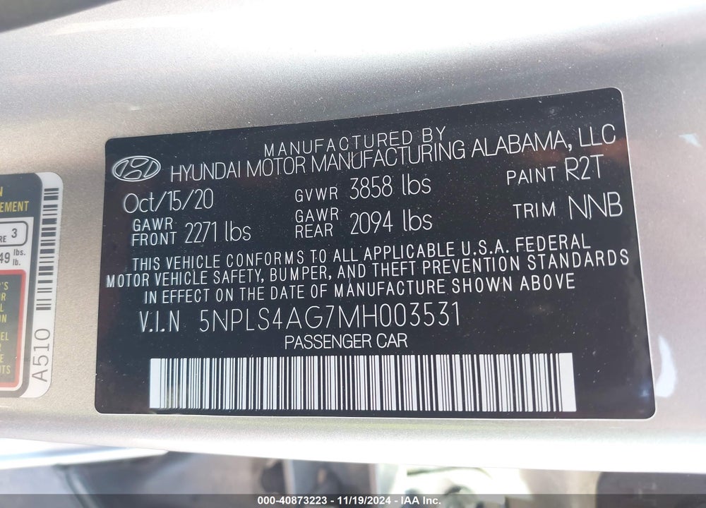 2021 HYUNDAI ELANTRA VIN: 5NPLS4AG7MH003531