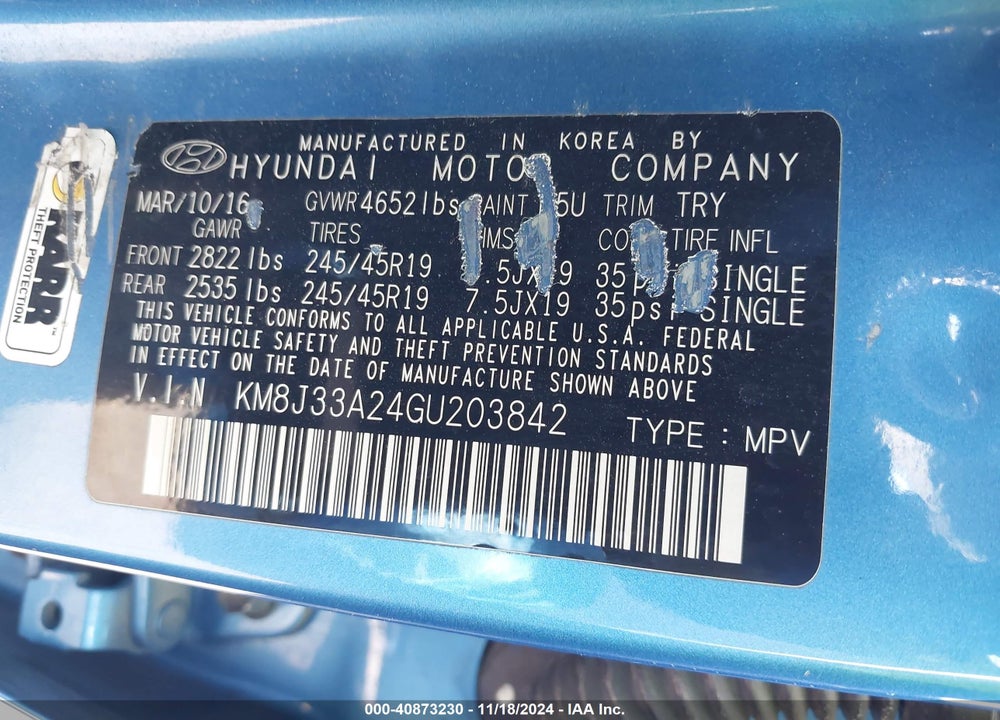 2016 HYUNDAI TUCSON LIMITED VIN: KM8J33A24GU203842