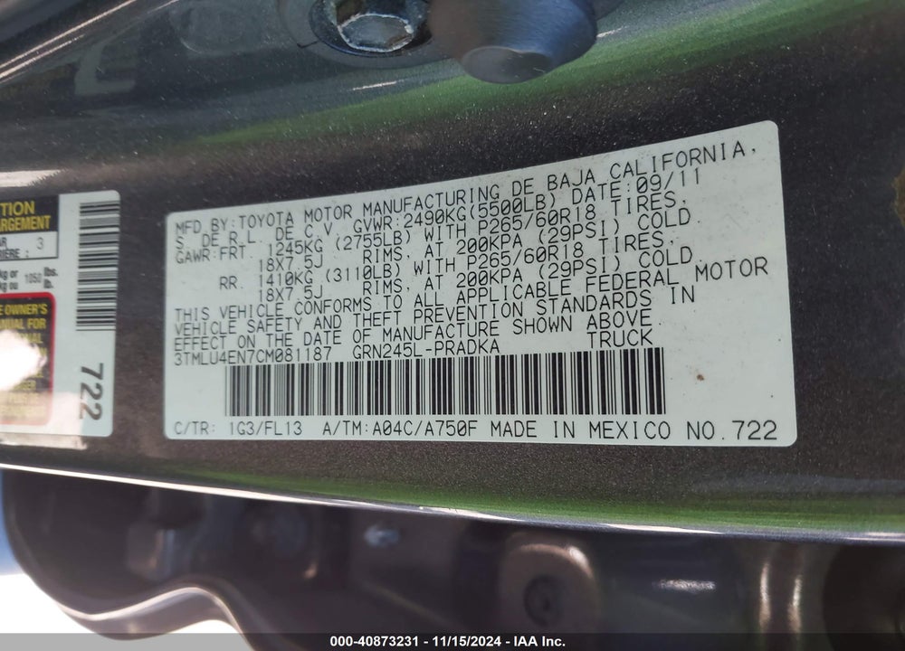 2012 TOYOTA TACOMA BASE V6 VIN: 3TMLU4EN7CM081187