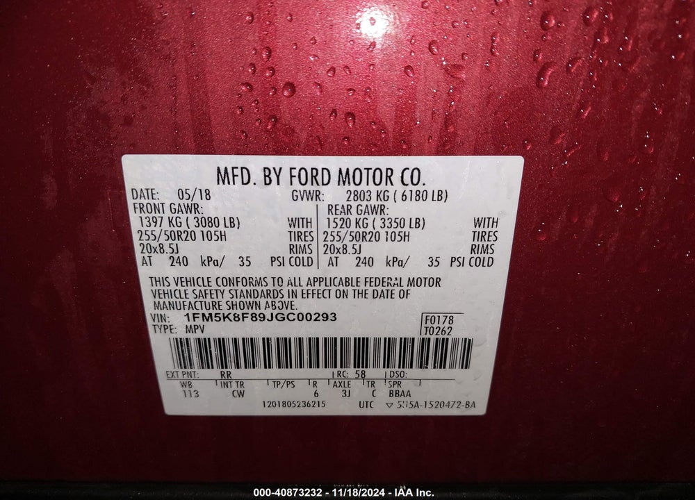 2018 FORD EXPLORER LIMITED VIN: 1FM5K8F89JGC00293
