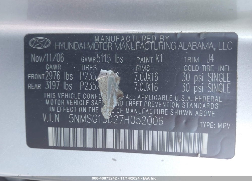 2007 HYUNDAI SANTA FE GLS VIN: 5NMSG13D27H052006