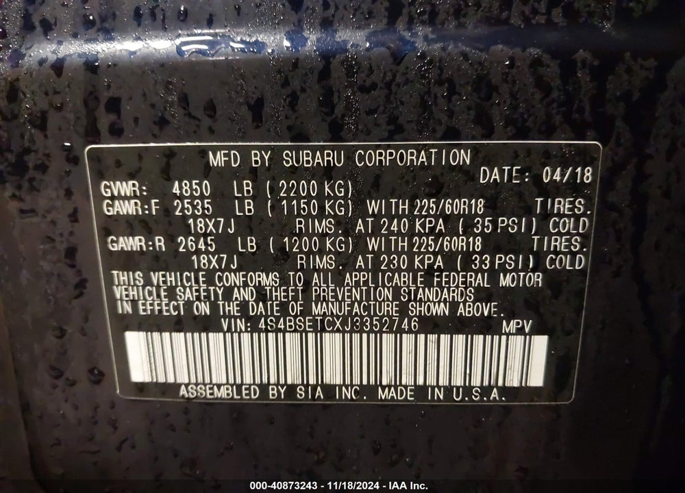 2018 SUBARU OUTBACK 3.6R TOURING VIN: 4S4BSETCXJ3352746