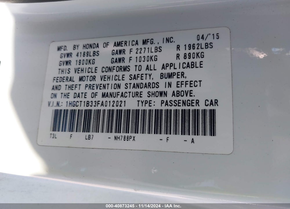 2015 HONDA ACCORD LX-S VIN: 1HGCT1B33FA012021