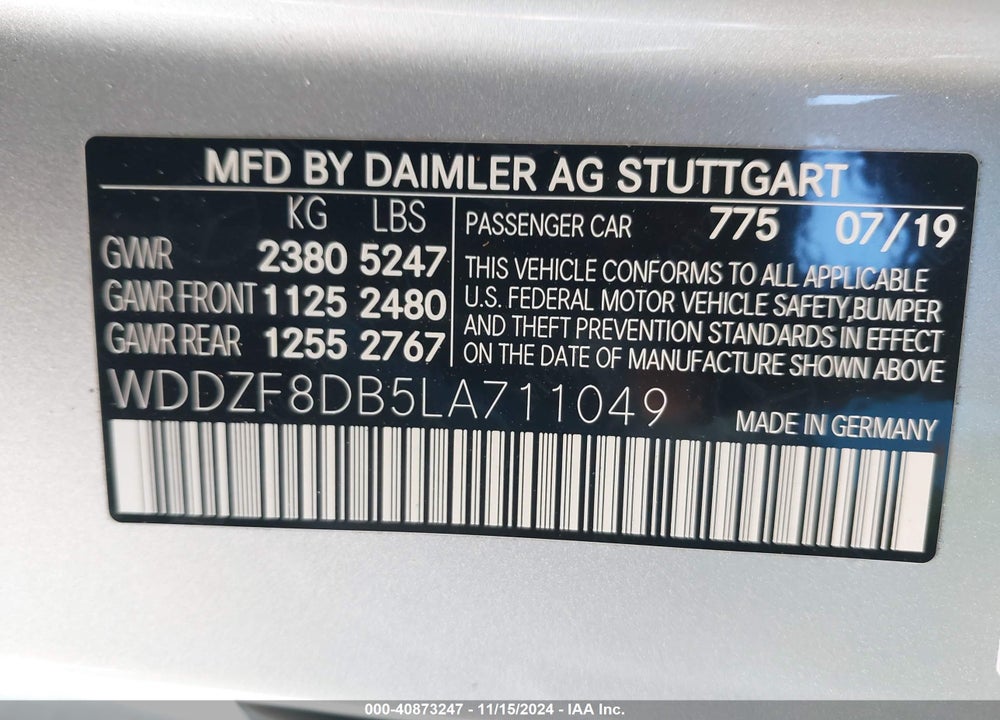 2020 MERCEDES-BENZ E 350 VIN: WDDZF8DB5LA711049