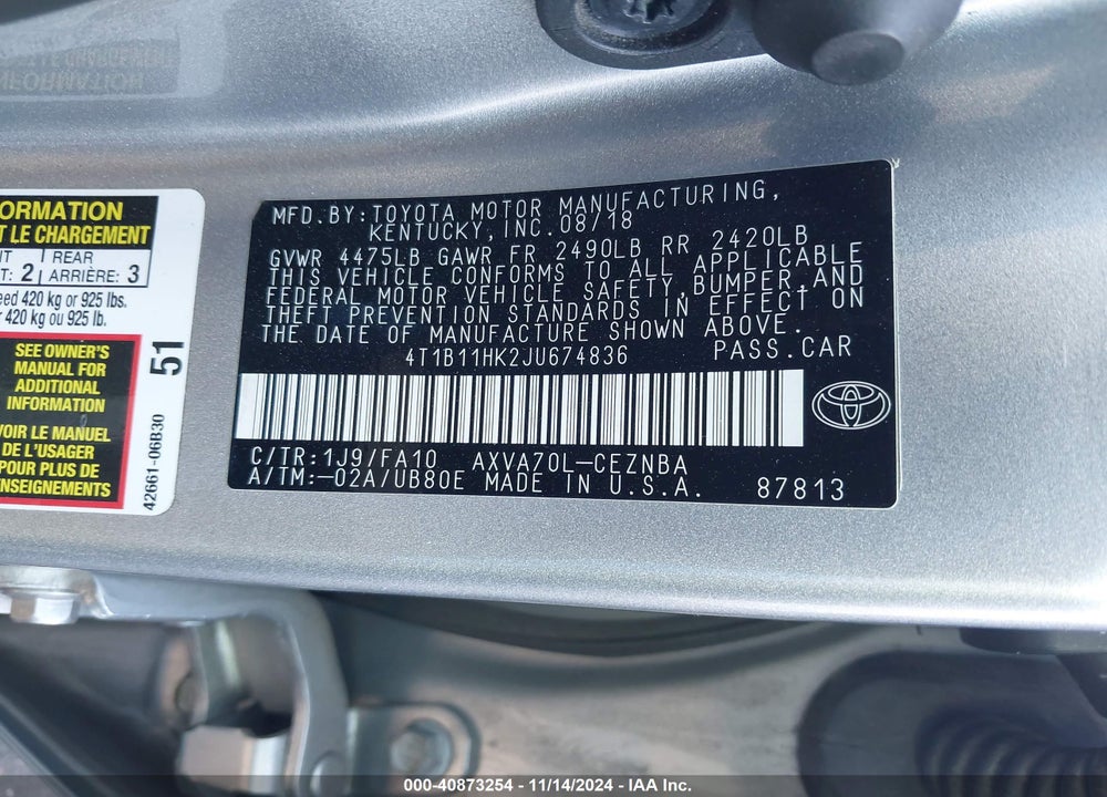2018 TOYOTA CAMRY LE VIN: 4T1B11HK2JU674836