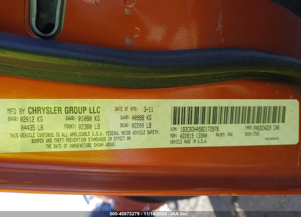 2011 DODGE CALIBER MAINSTREET VIN: 1B3CB3HA5BD172978