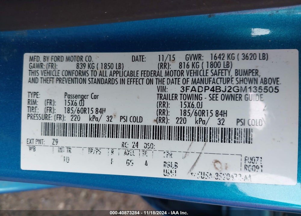 2016 FORD FIESTA VIN: 3FADP4BJ2GM135505