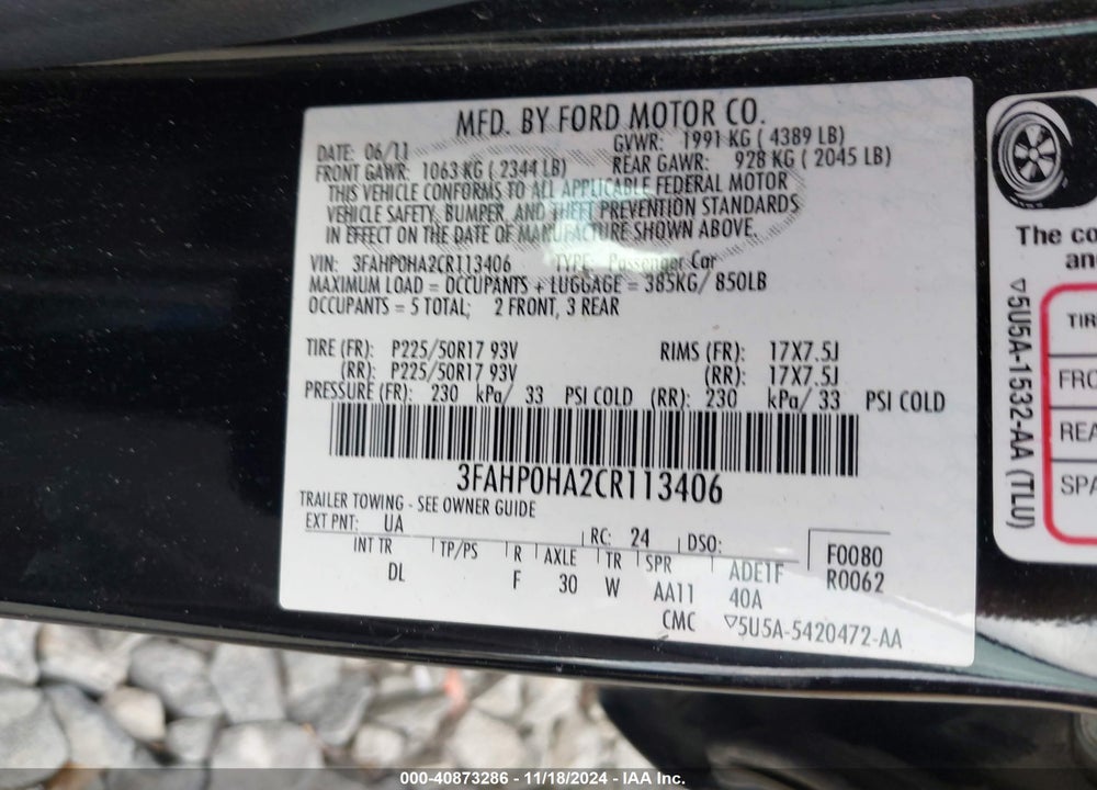 2012 FORD FUSION SE VIN: 3FAHP0HA2CR113406