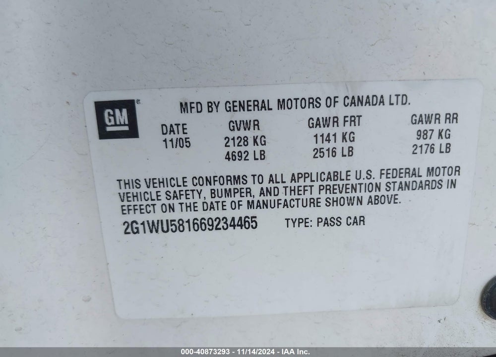 2006 CHEVROLET IMPALA LTZ VIN: 2G1WU581669234465