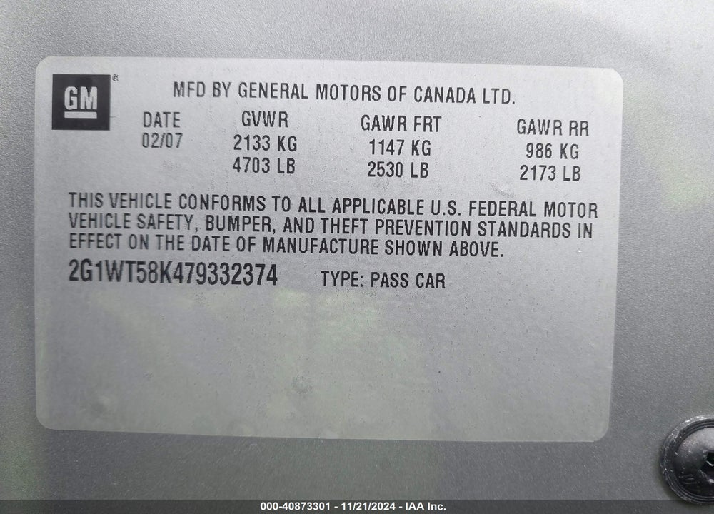 2007 CHEVROLET IMPALA LT VIN: 2G1WT58K479332374