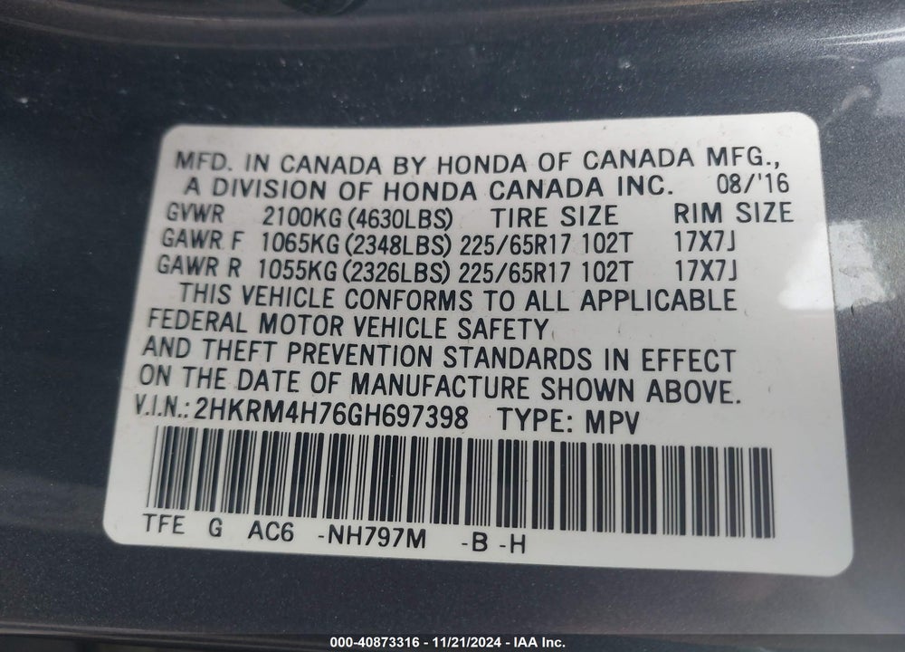 2016 HONDA CR-V EX-L VIN: 2HKRM4H76GH697398