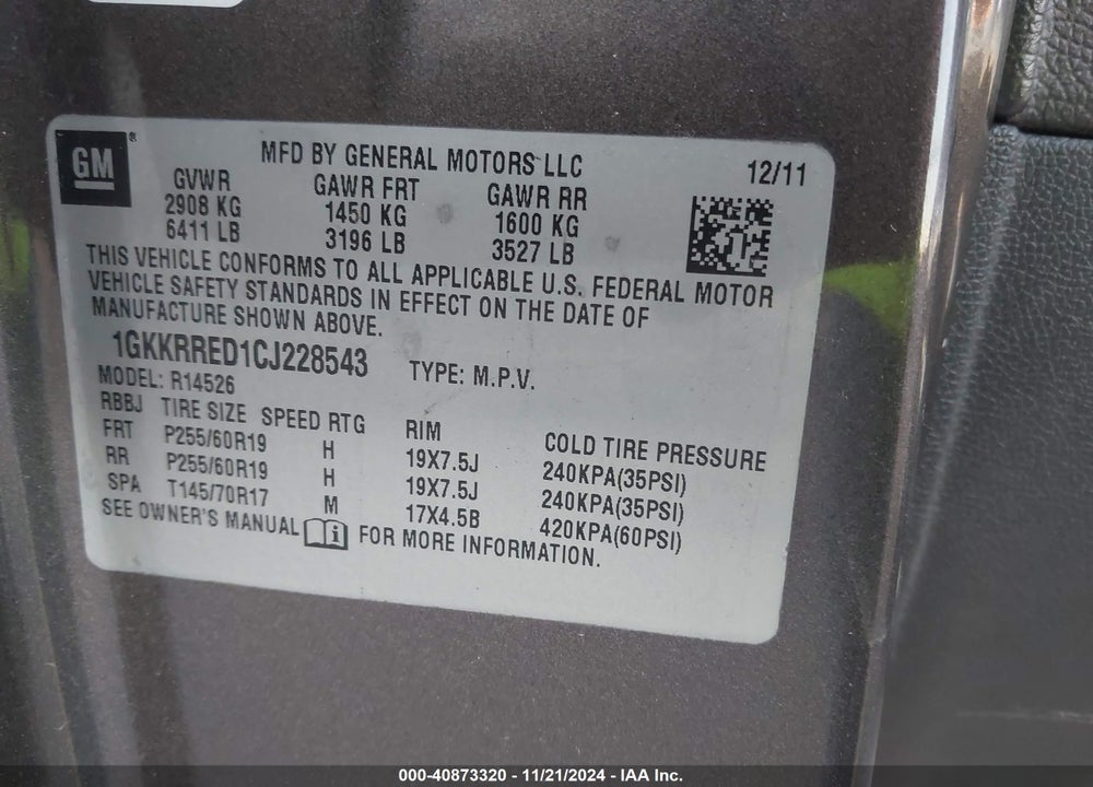 2012 GMC ACADIA SLT-1 VIN: 1GKKRRED1CJ228543