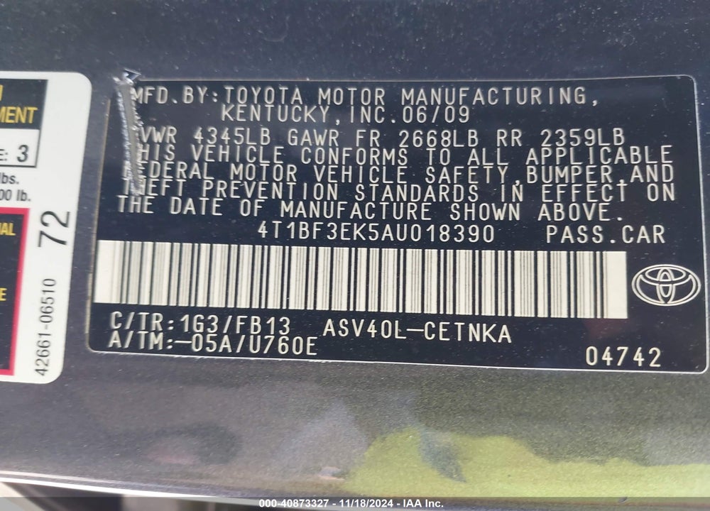 2010 TOYOTA CAMRY LE VIN: 4T1BF3EK5AU018390