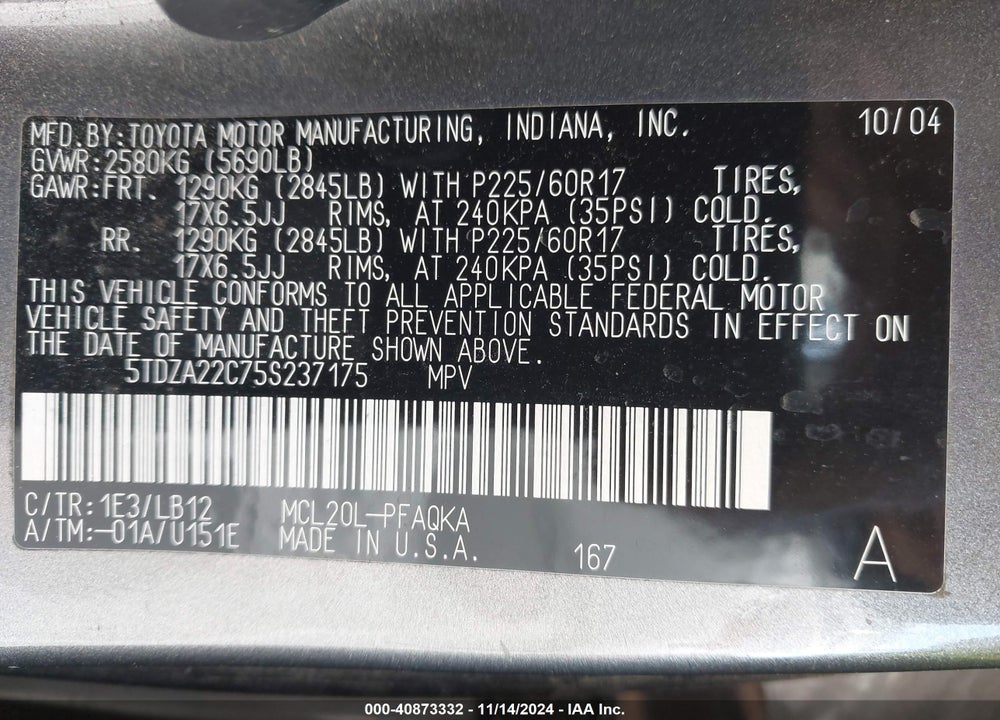 2005 TOYOTA SIENNA XLE VIN: 5TDZA22C75S237175