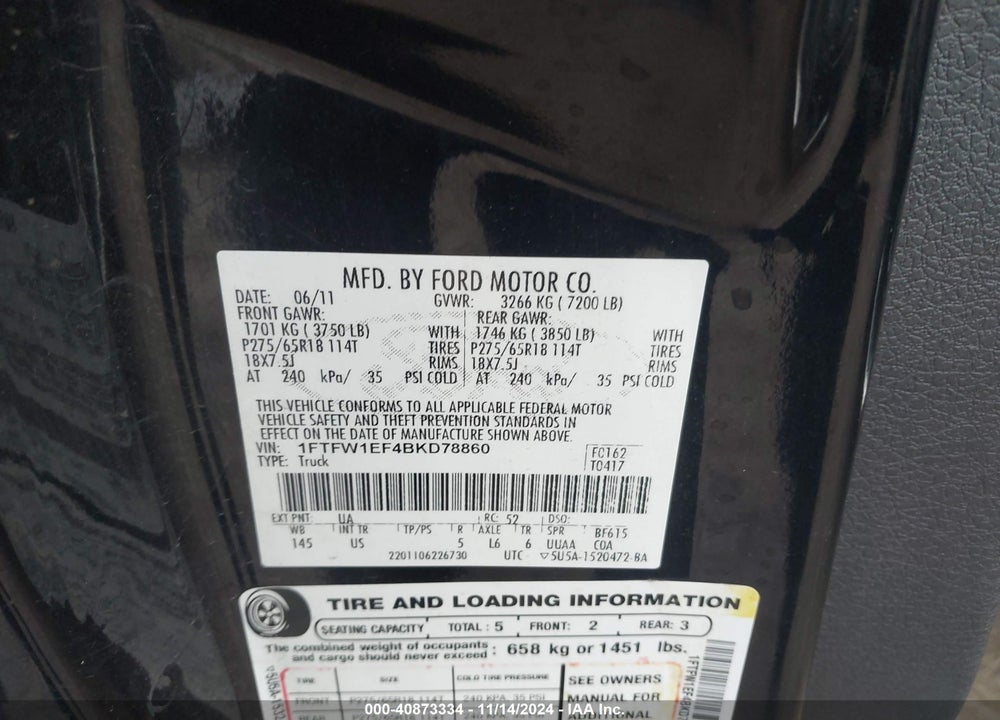 2011 FORD F-150 XLT VIN: 1FTFW1EF4BKD78860