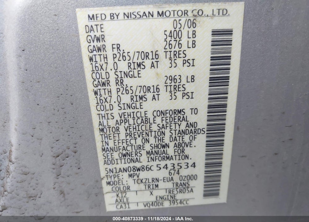 2006 NISSAN XTERRA S VIN: 5N1AN08W86C543534