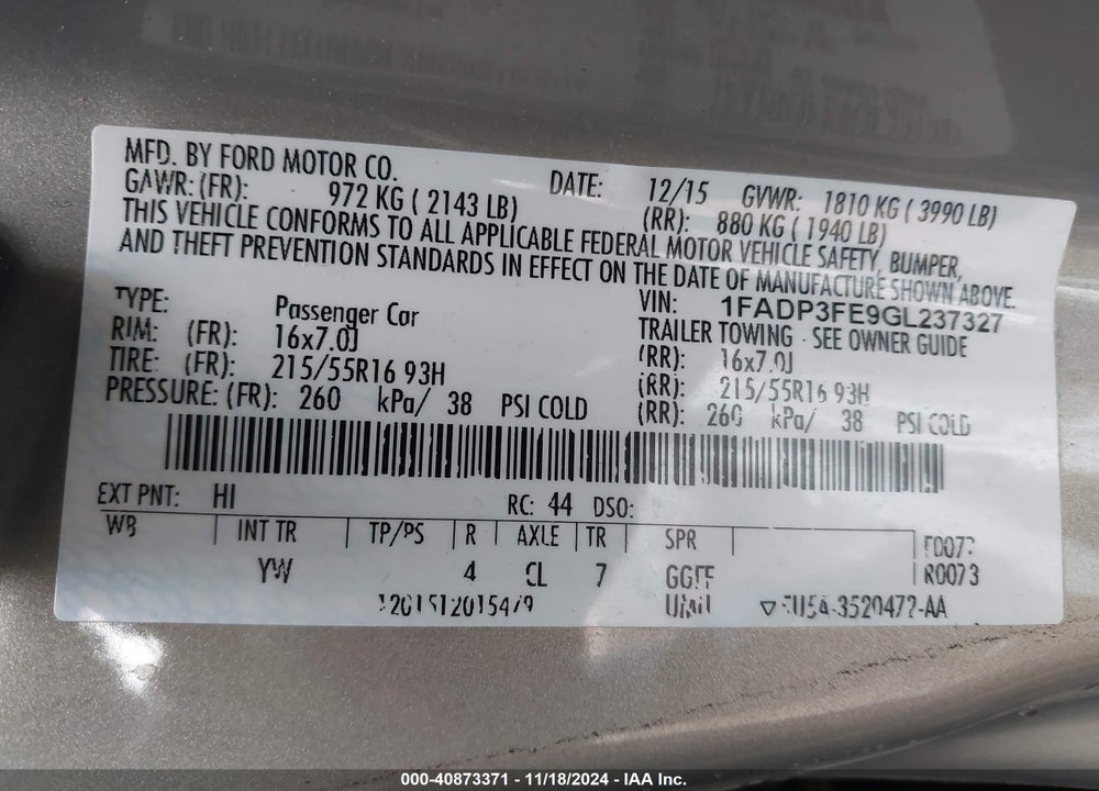 2016 FORD FOCUS SE VIN: 1FADP3FE9GL237327