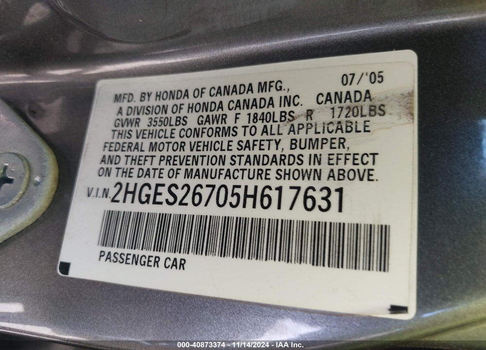 2005 HONDA CIVIC EX VIN: 2HGES26705H617631