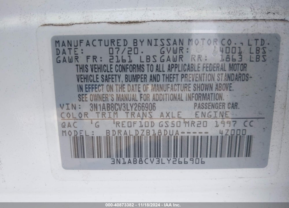 2020 NISSAN SENTRA SV XTRONIC CVT VIN: 3N1AB8CV3LY266906