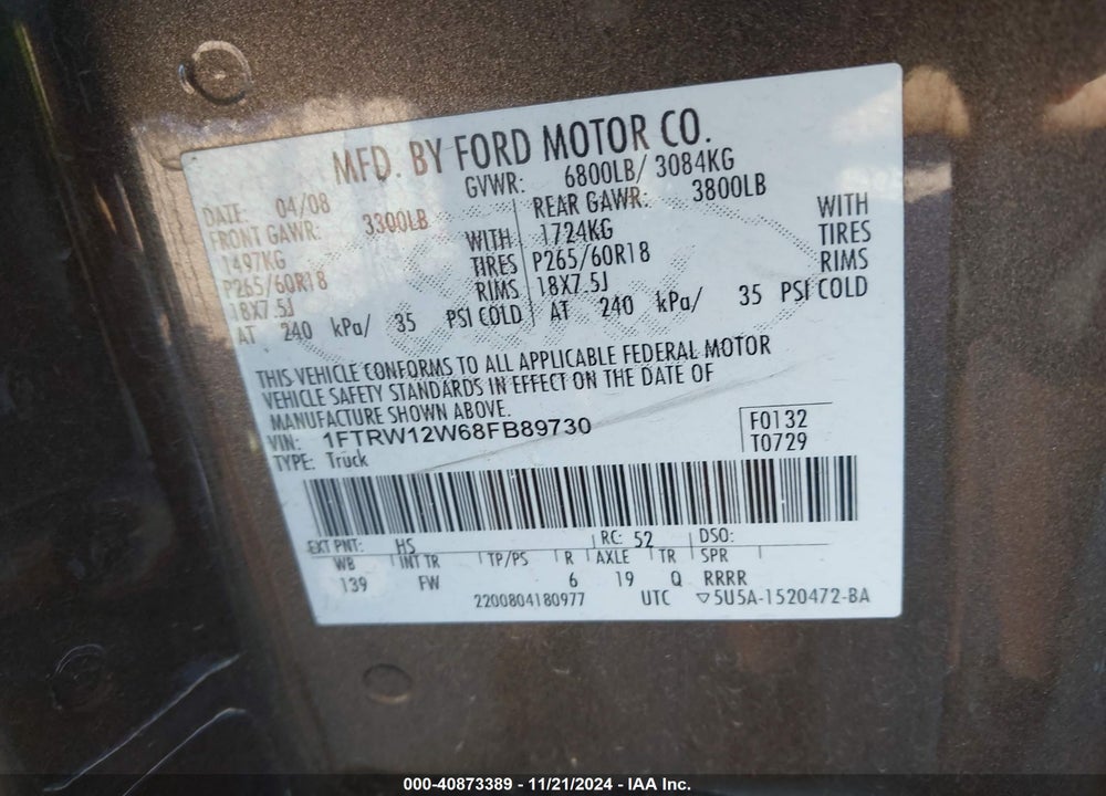 2008 FORD F-150 60TH ANNIVERSARY/FX2/XL/XLT VIN: 1FTRW12W68FB89730