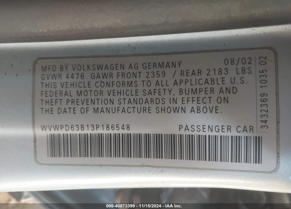 2003 VOLKSWAGEN PASSAT GLS VIN: WVWPD63B13P186548