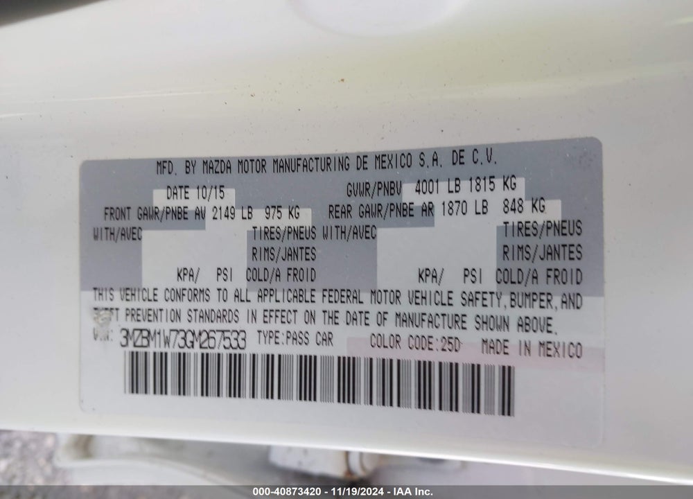 2016 MAZDA 3 I TOURING VIN: 3MZBM1W73GM267533