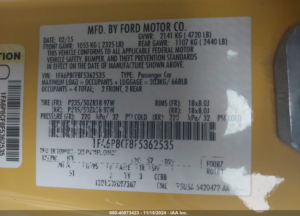 2015 FORD MUSTANG VIN: 1FA6P8CF8F5362535