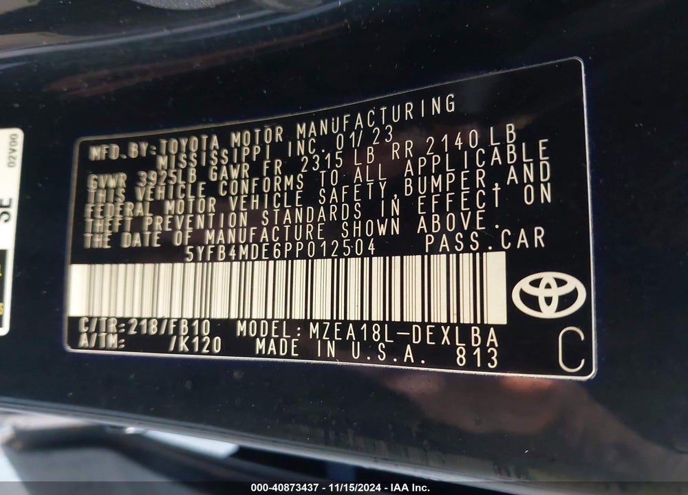 2023 TOYOTA COROLLA LE VIN: 5YFB4MDE6PP012504